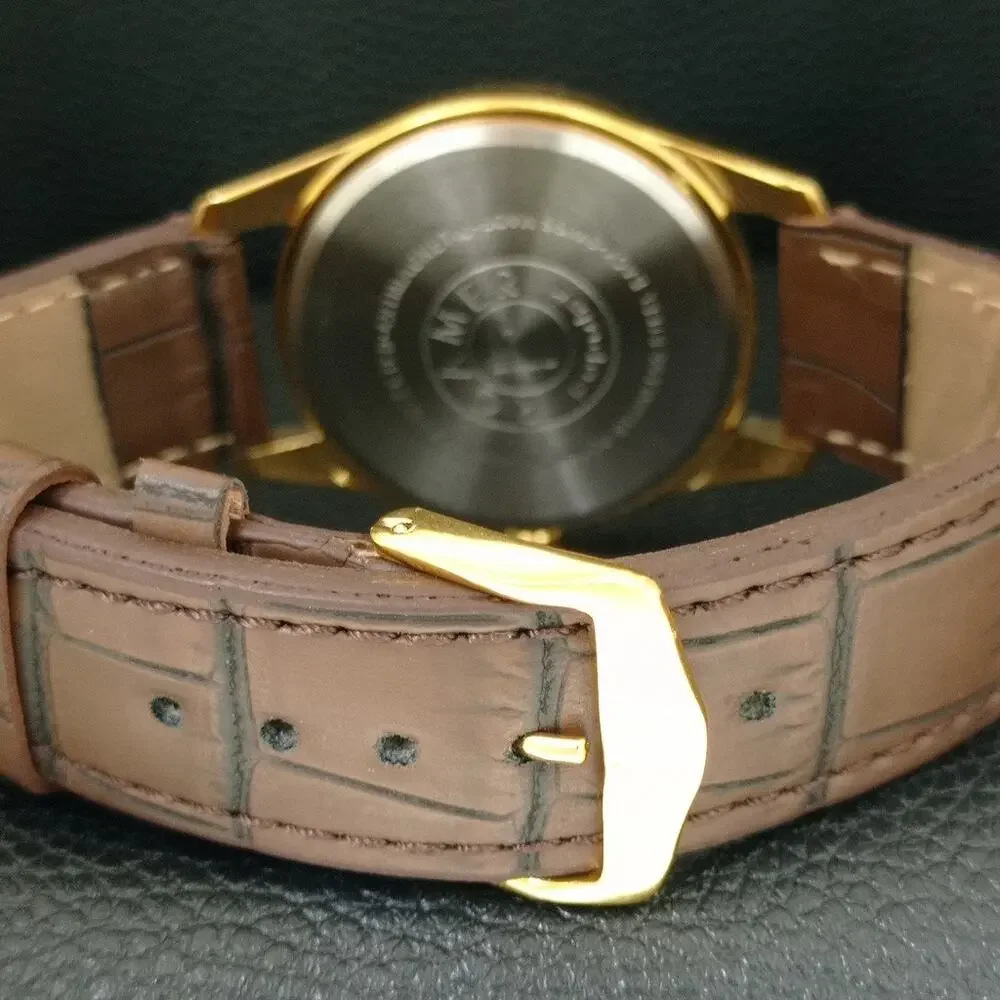Vintage 1977 Roamer Manual Mens Gold Watch W/Leather Strap & Red accents